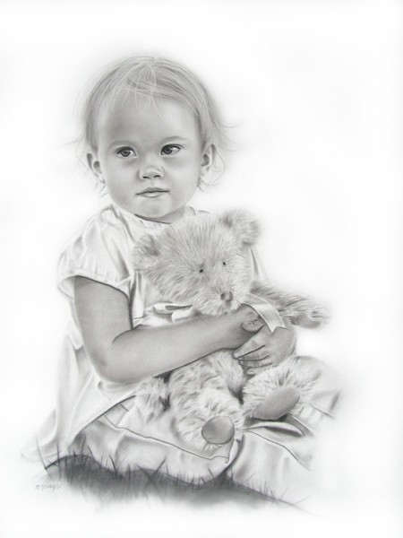 Alyson, charcoal portrait of a small child holding a teddy bear