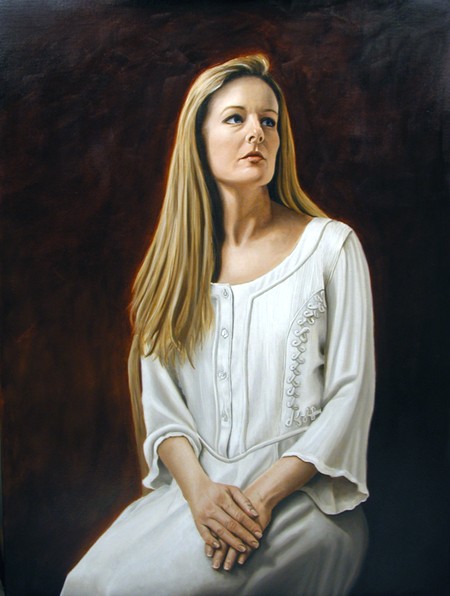 Anastacia, oil portrait of a seated young woman in white