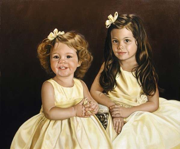 Finished oil portrait of Chase and Peyton, two young girls in yellow dresses