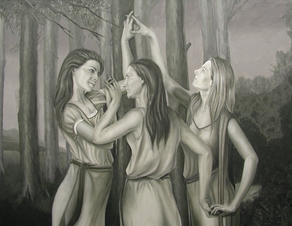 Detail of a verdaccio underpainting of three dancing women