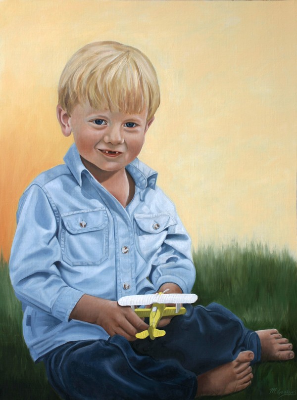 Hamish, oil portrait of a young boy in a blue shirt holding a toy airplane