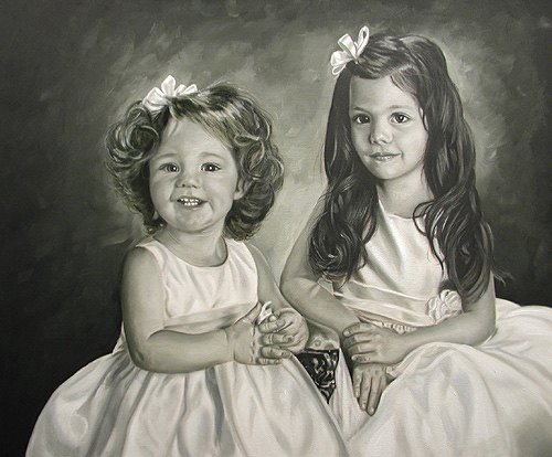 Verdaccio underpainting of Chase and Peyton in green-grey tones